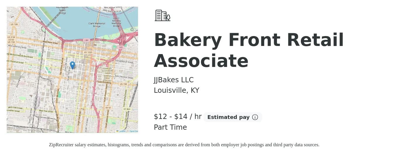 JJBakes LLC job posting for a Bakery Front Retail Associate in Louisville, KY with a salary of $13 to $15 Hourly with a map of Louisville location.