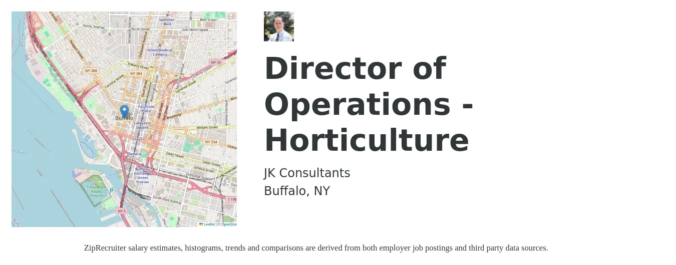 JK Consultants job posting for a Director of Operations - Horticulture in Buffalo, NY with a salary of $73,100 to $131,300 Yearly with a map of Buffalo location.