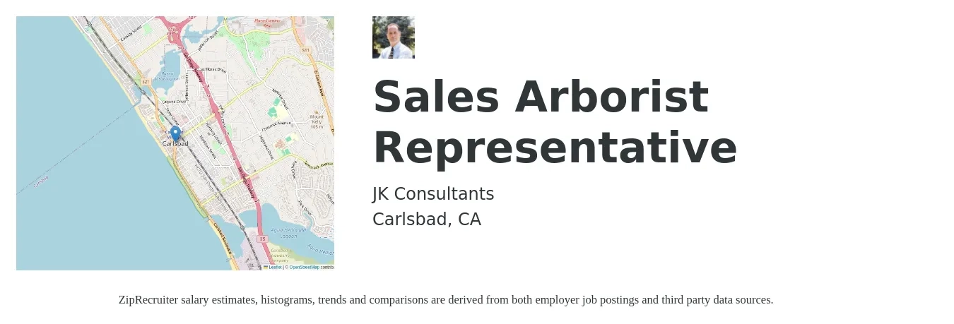 JK Consultants job posting for a Sales Arborist Representative in San Diego, CA with a salary of $56,800 to $98,700 Yearly with a map of San Diego location.
