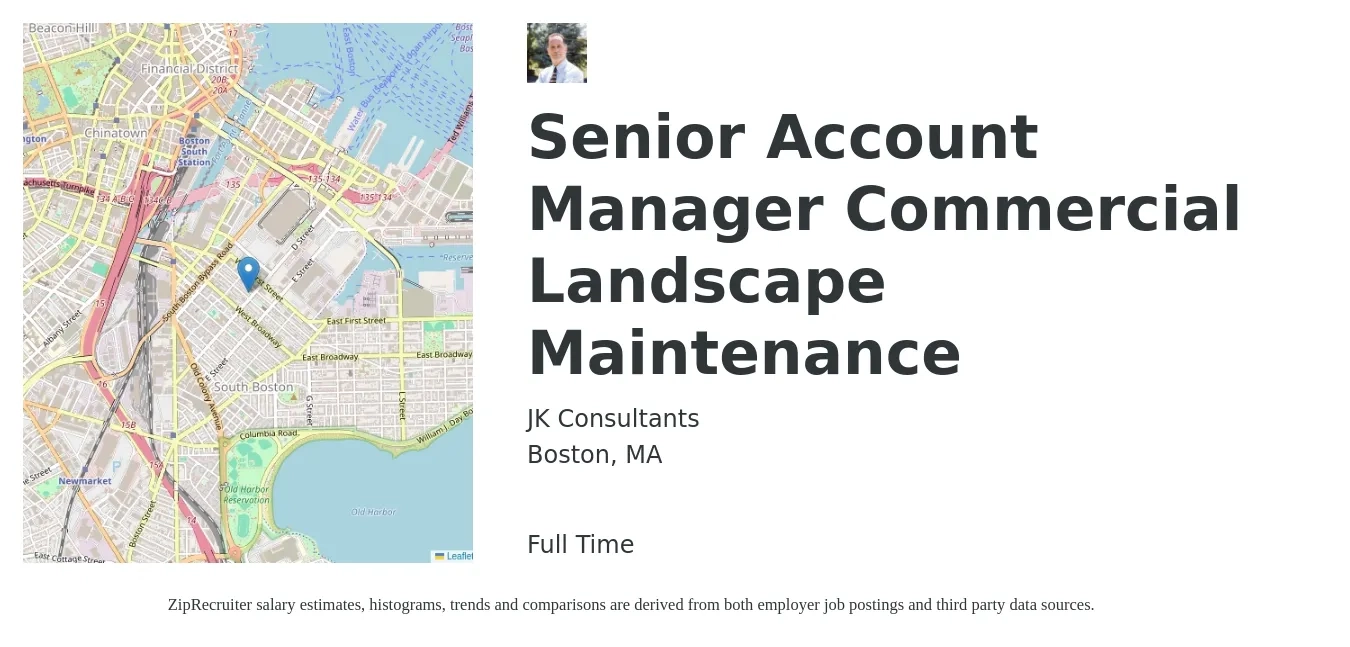 JK Consultants job posting for a Senior Account Manager Commercial Landscape Maintenance in Boston, MA with a salary of $84,200 to $132,500 Yearly with a map of Boston location.