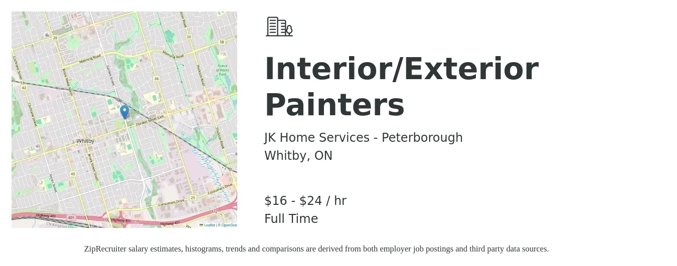 JK Home Services - Peterborough job posting for a Interior/Exterior Painters in Whitby, ON with a salary of $18 to $25 Hourly with a map of Whitby location.