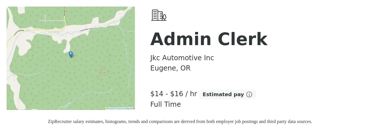 Jkc Automotive Inc job posting for a Admin Clerk in Eugene, OR with a salary of $15 to $18 Hourly with a map of Eugene location.
