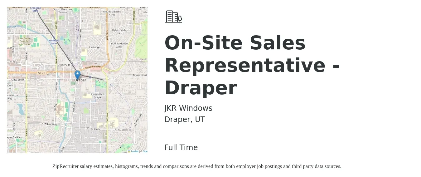 JKR Windows job posting for a On-Site Sales Representative - Draper in Draper, UT with a salary of $50,000 to $86,900 Yearly with a map of Draper location.