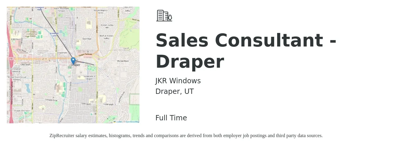 JKR Windows job posting for a Sales Consultant - Draper in Draper, UT with a salary of $37,900 to $74,300 Yearly with a map of Draper location.