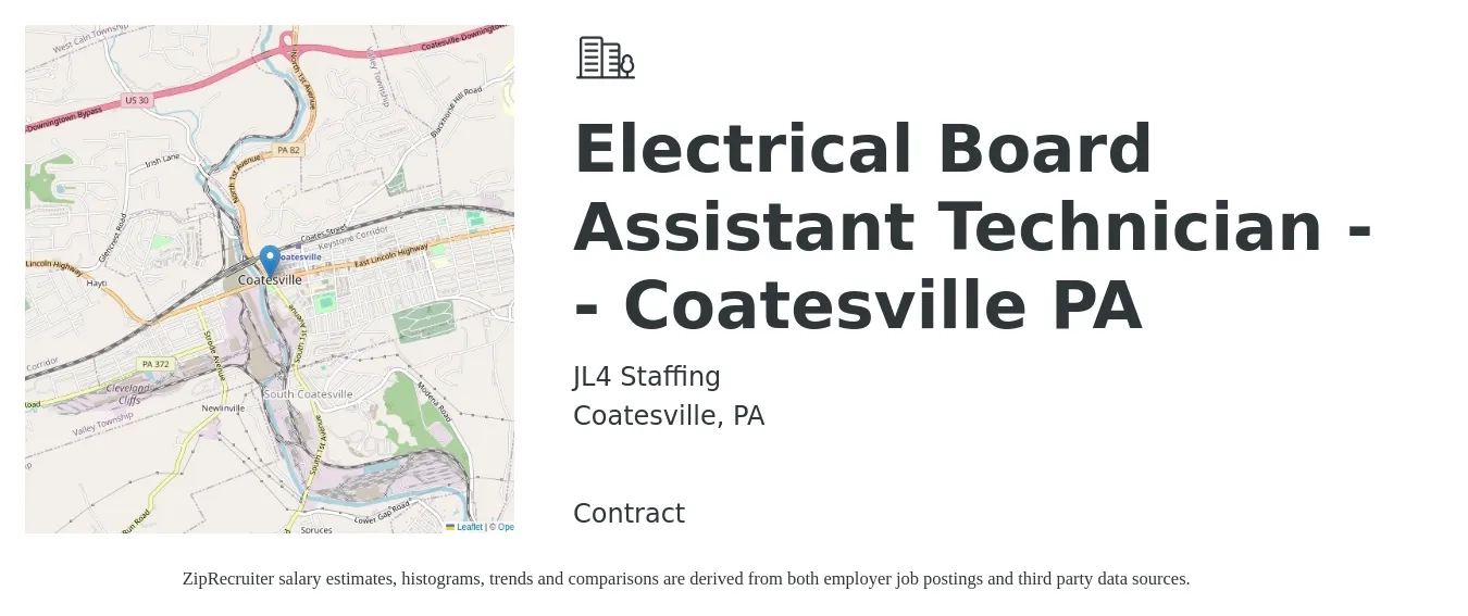 JL4 Staffing job posting for a Electrical Board Assistant Technician - - Coatesville PA in Coatesville, PA with a salary of $36,300 to $37,200 Yearly with a map of Coatesville location.