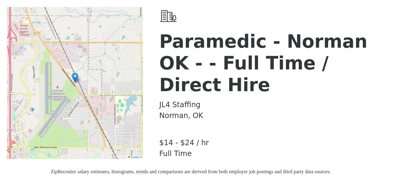 JL4 Staffing job posting for a Paramedic - Norman OK - - Full Time / Direct Hire in Norman, OK with a salary of $15 to $25 Hourly with a map of Norman location.