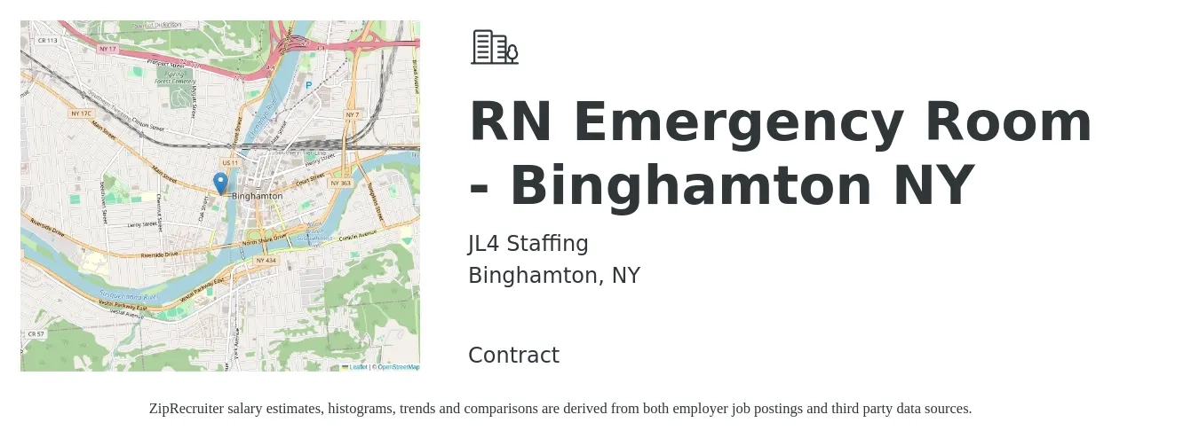 JL4 Staffing job posting for a RN Emergency Room - Binghamton NY in Binghamton, NY with a salary of $1,900 to $2,690 Weekly with a map of Binghamton location.
