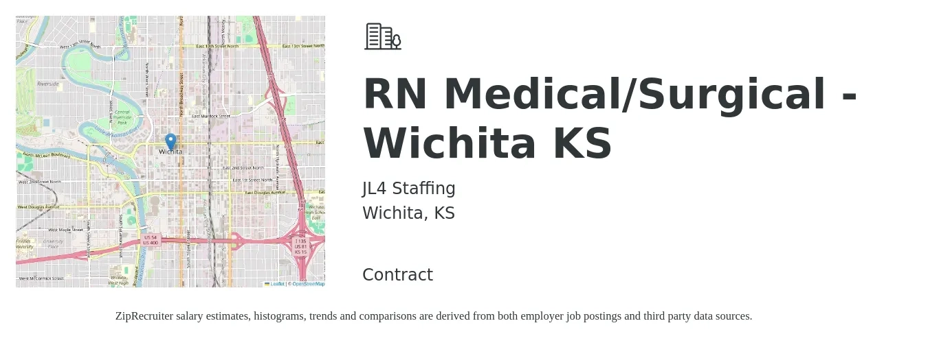 JL4 Staffing job posting for a RN Medical/Surgical - Wichita KS in Wichita, KS with a salary of $36 to $61 Hourly with a map of Wichita location.