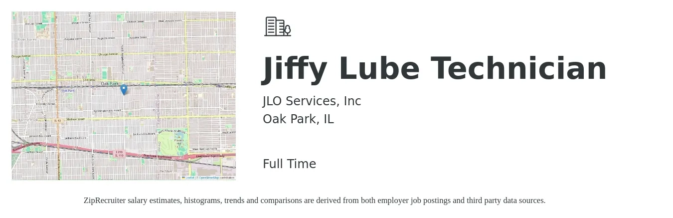 JLO Services, Inc job posting for a Jiffy Lube Technician in Oak Park, IL with a salary of $14 to $19 Hourly with a map of Oak Park location.