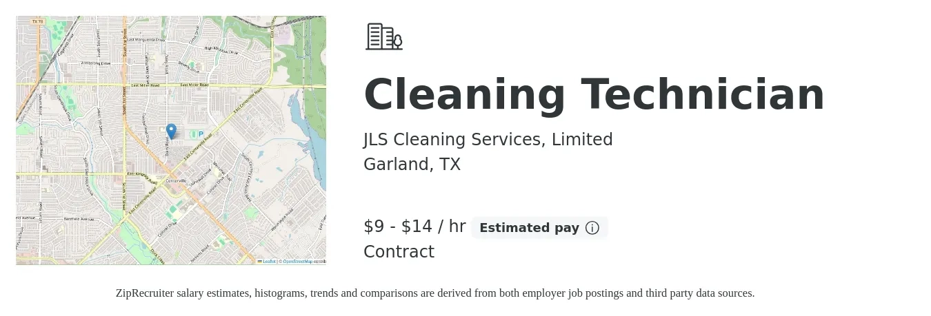 JLS Cleaning Services, Limited job posting for a Cleaning Technician in Garland, TX with a salary of $10 to $15 Hourly with a map of Garland location.