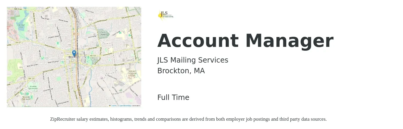 JLS Mailing Services job posting for a Account Manager in Brockton, MA with a salary of $48,000 to $78,600 Yearly with a map of Brockton location.
