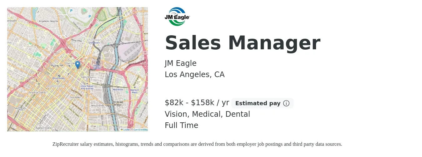 JM Eagle job posting for a Sales Manager in Los Angeles, CA with a salary of $82,634 to $158,000 Yearly and benefits including retirement, vision, dental, life_insurance, and medical with a map of Los Angeles location.