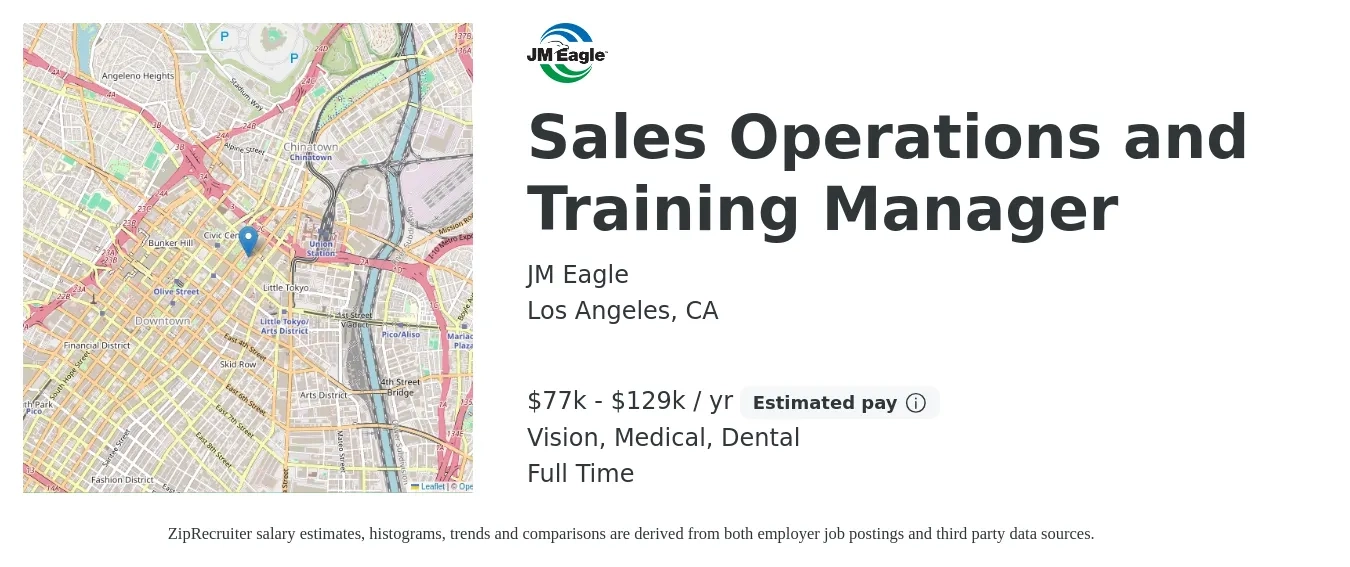JM Eagle job posting for a Sales Operations and Training Manager in Los Angeles, CA with a salary of $77,975 to $129,928 Yearly and benefits including medical, retirement, vision, dental, and life_insurance with a map of Los Angeles location.