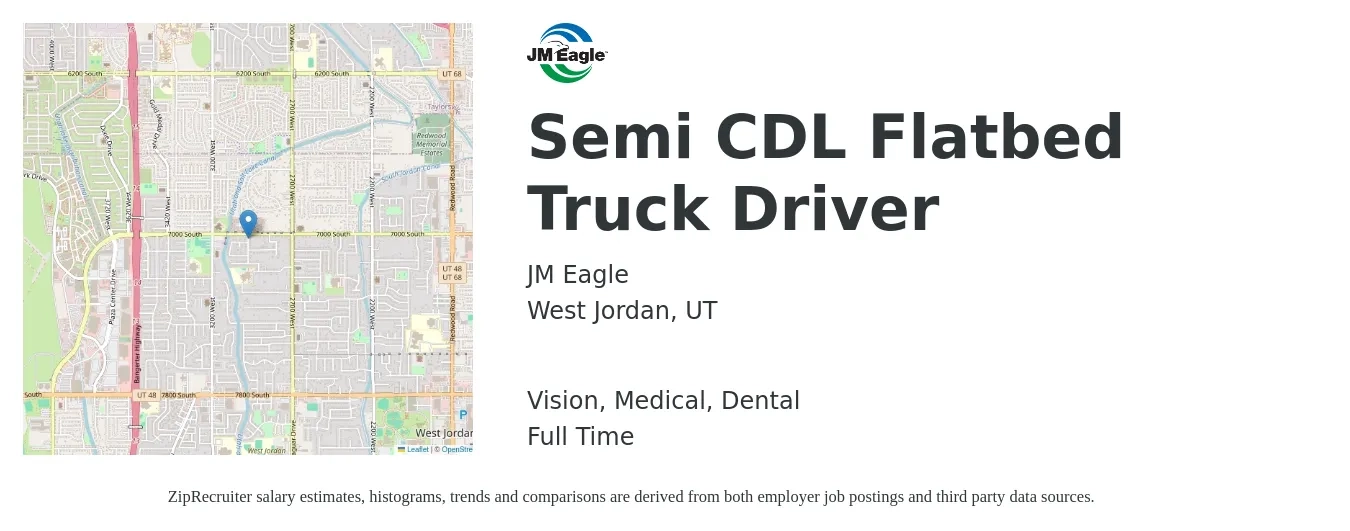 JM Eagle job posting for a Semi CDL Flatbed Truck Driver in West Jordan, UT with a salary of $1,150 to $1,680 Weekly and benefits including dental, life_insurance, medical, retirement, and vision with a map of West Jordan location.