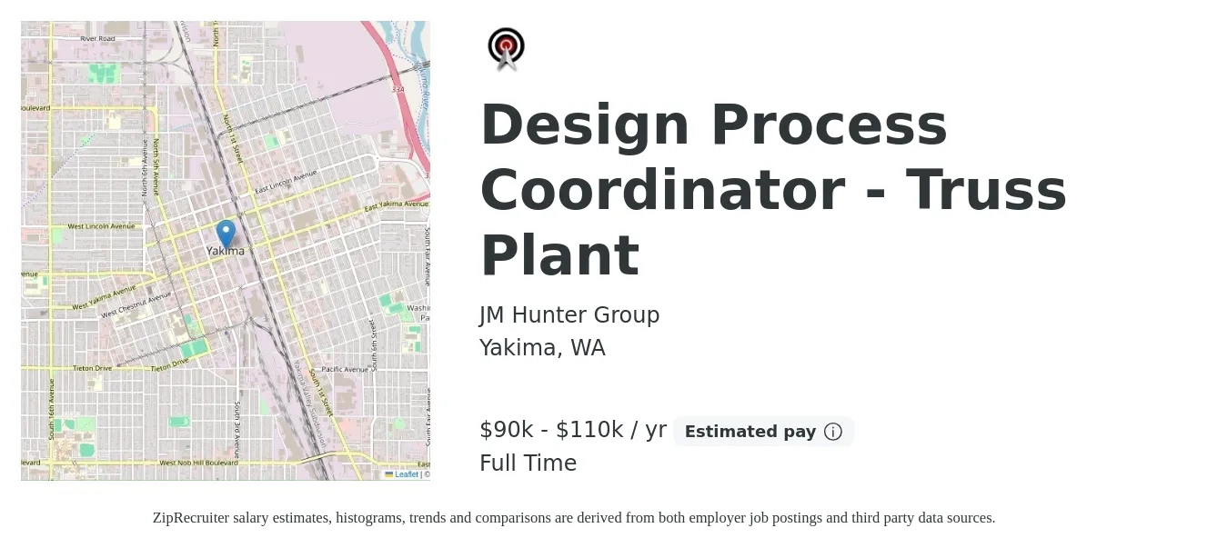 JM Hunter Group job posting for a Design Process Coordinator - Truss Plant in Yakima, WA with a salary of $90,000 to $110,000 Yearly with a map of Yakima location.