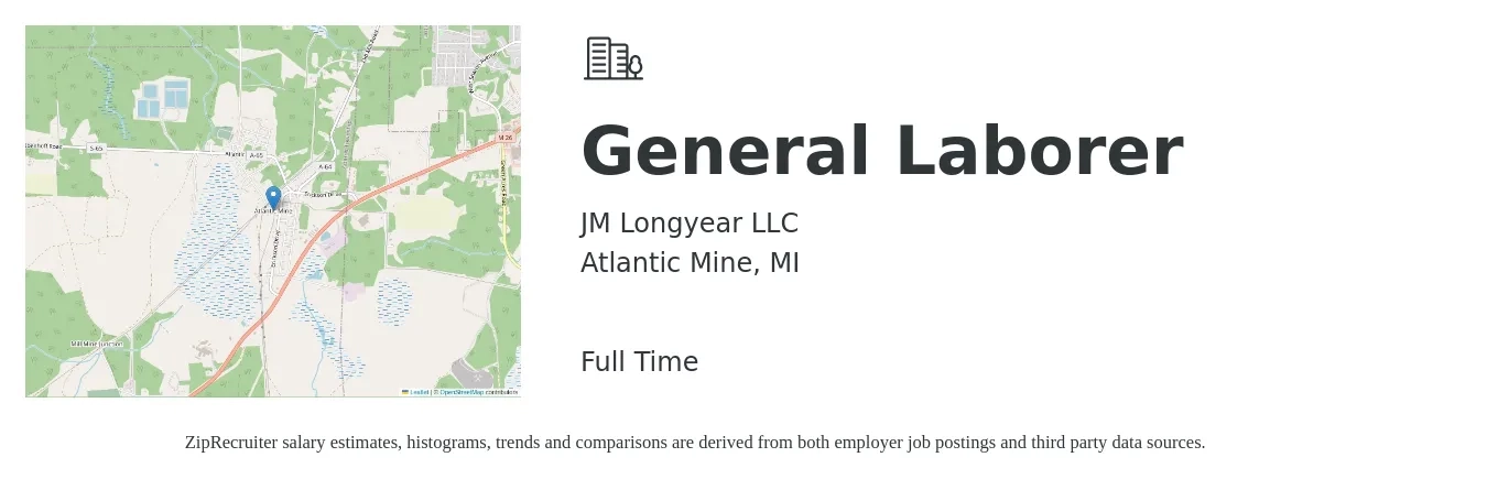 JM Longyear LLC job posting for a General Laborer in Atlantic Mine, MI with a salary of $14 to $17 Hourly with a map of Atlantic Mine location.