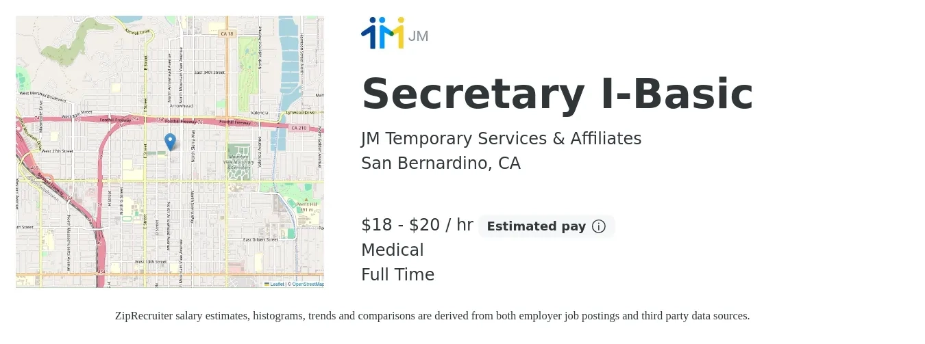 JM Temporary Services & Affiliates job posting for a Secretary I-Basic in San Bernardino, CA with a salary of $20 to $21 Hourly and benefits including medical with a map of San Bernardino location.