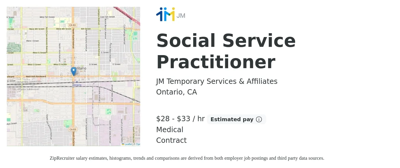 JM Temporary Services & Affiliates job posting for a Social Service Practitioner in Ontario, CA with a salary of $30 to $35 Hourly with a map of Ontario location.