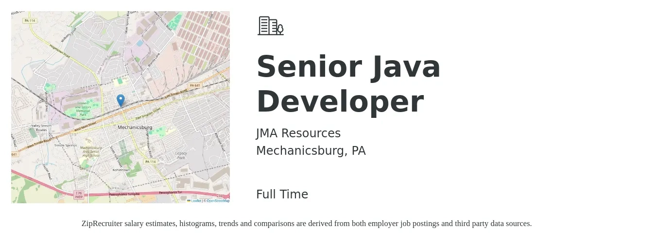 JMA Resources job posting for a Senior Java Developer in Mechanicsburg, PA with a salary of $54 to $69 Hourly with a map of Mechanicsburg location.