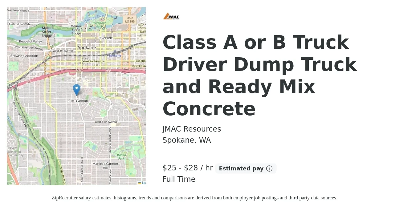 JMAC Resources job posting for a Class A or B Truck Driver Dump Truck and Ready Mix Concrete in Spokane, WA with a salary of $26 to $30 Hourly with a map of Spokane location.