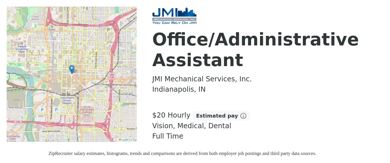 JMI Mechanical Services, Inc. job posting for a Office/Administrative Assistant in Indianapolis, IN with a salary of $21 Hourly and benefits including dental, life_insurance, medical, pto, retirement, and vision with a map of Indianapolis location.