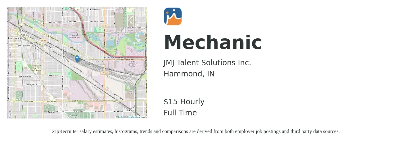 JMJ Talent Solutions Inc. job posting for a Mechanic in Hammond, IN with a salary of $16 Hourly with a map of Hammond location.