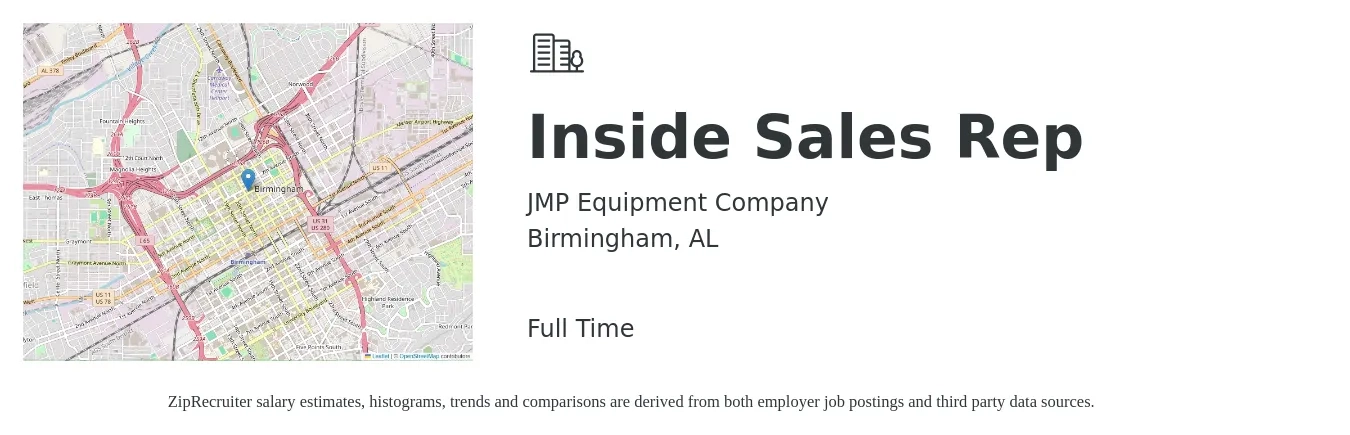 JMP Equipment Company job posting for a Inside Sales Rep in Birmingham, AL with a salary of $37,000 to $55,300 Yearly with a map of Birmingham location.
