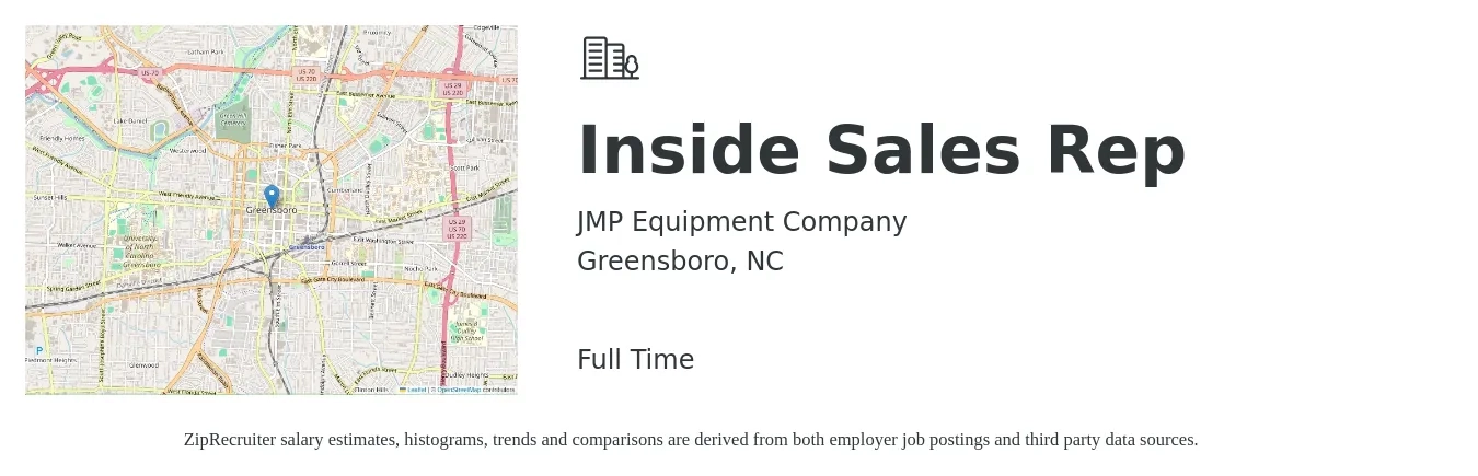 JMP Equipment Company job posting for a Inside Sales Rep in Greensboro, NC with a salary of $38,300 to $57,200 Yearly with a map of Greensboro location.