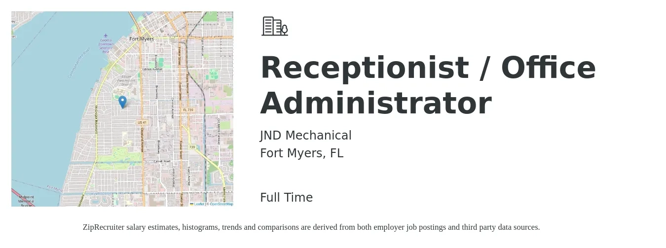 JND Mechanical job posting for a Receptionist / Office Administrator in Fort Myers, FL with a salary of $16 to $18 Hourly with a map of Fort Myers location.