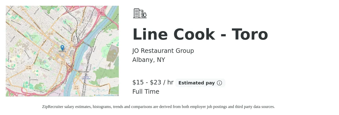 JO Restaurant Group job posting for a Line Cook - Toro in Albany, NY with a salary of $16 to $24 Hourly with a map of Albany location.