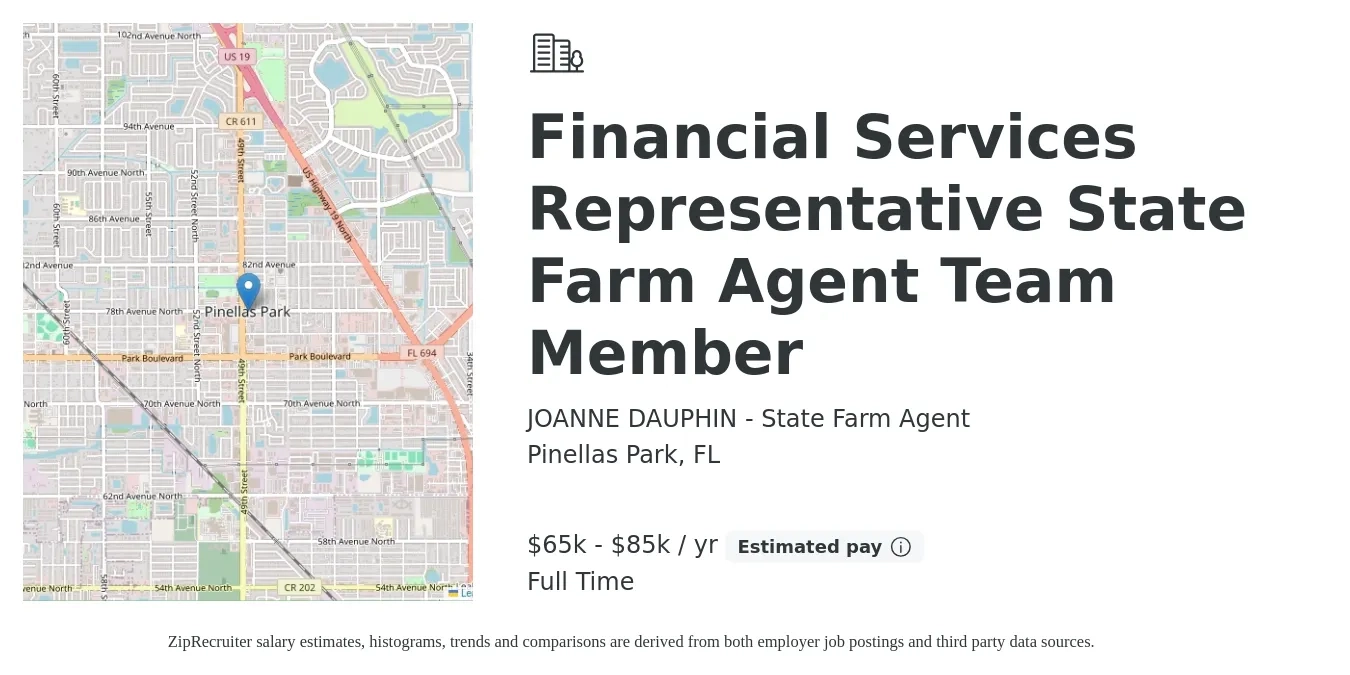 JOANNE DAUPHIN - State Farm Agent job posting for a Financial Services Representative State Farm Agent Team Member in Pinellas Park, FL with a salary of $65,000 to $85,000 Yearly with a map of Pinellas Park location.