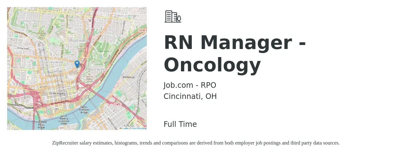 Job.com - RPO job posting for a RN Manager - Oncology in Cincinnati, OH with a salary of $38 to $56 Hourly with a map of Cincinnati location.