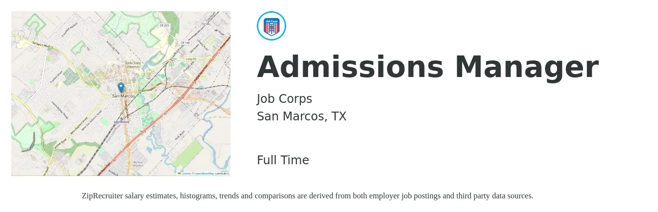 Job Corps job posting for a Admissions Manager in San Marcos, TX with a salary of $40,700 to $61,100 Yearly with a map of San Marcos location.