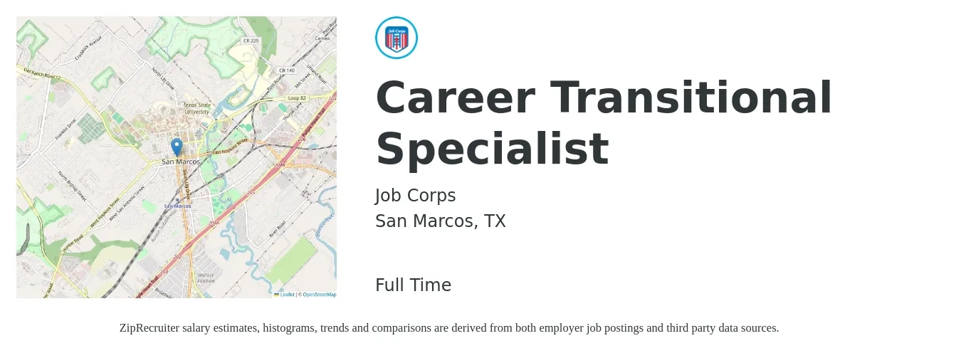 Job Corps job posting for a Career Transitional Specialist in San Marcos, TX with a salary of $35,300 to $51,200 Yearly with a map of San Marcos location.