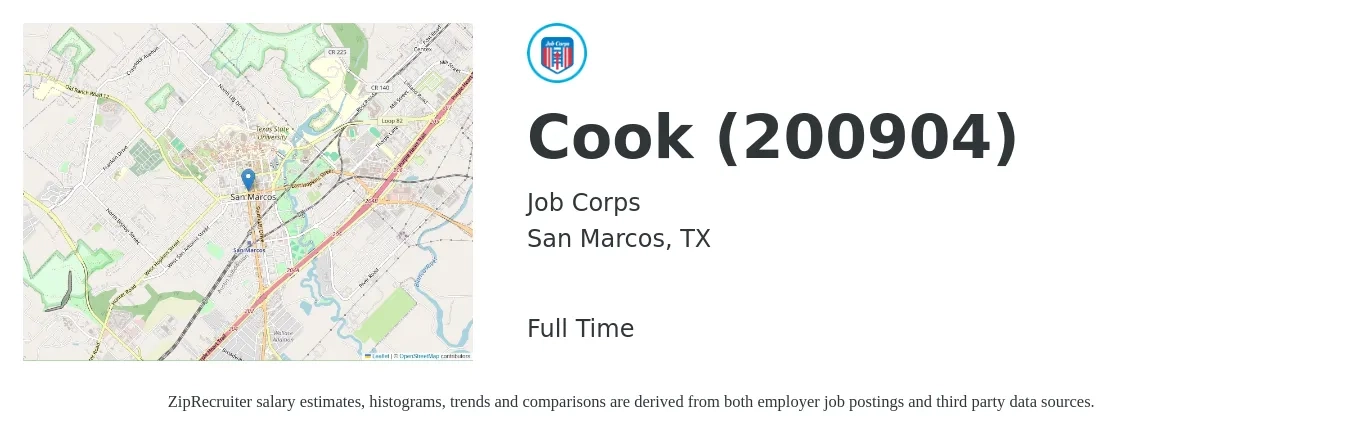 Job Corps job posting for a Cook (200904) in San Marcos, TX with a salary of $13 to $17 Hourly with a map of San Marcos location.