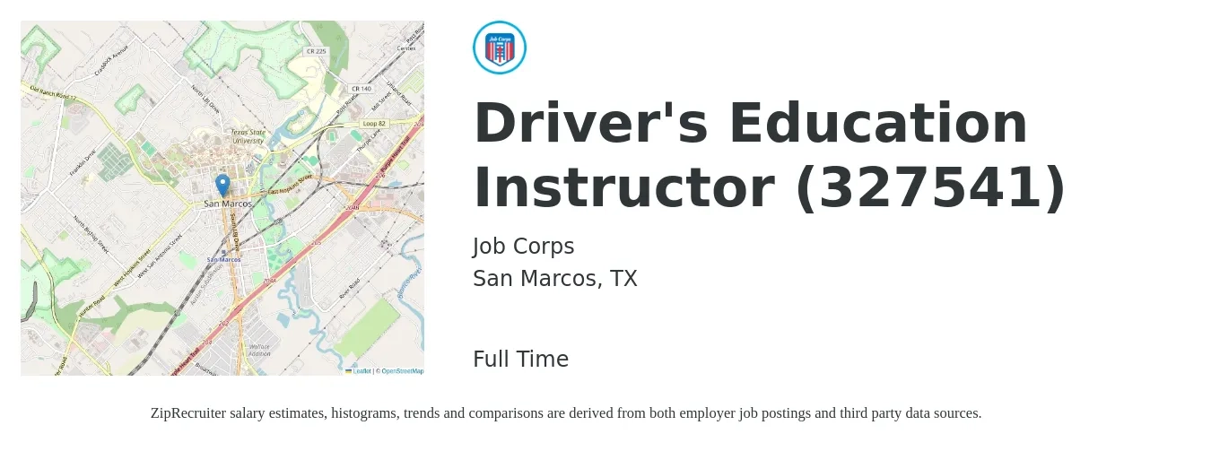 Job Corps job posting for a Driver's Education Instructor (327541) in San Marcos, TX with a salary of $16 to $22 Hourly with a map of San Marcos location.