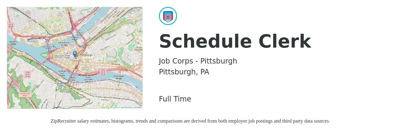 Job Corps - Pittsburgh job posting for a Schedule Clerk in Pittsburgh, PA with a salary of $16 to $21 Hourly with a map of Pittsburgh location.