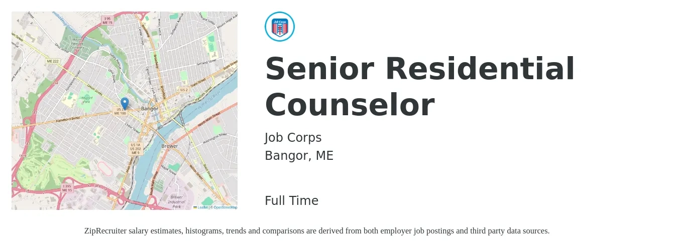 Job Corps job posting for a Senior Residential Counselor in Bangor, ME with a salary of $18 to $23 Hourly with a map of Bangor location.