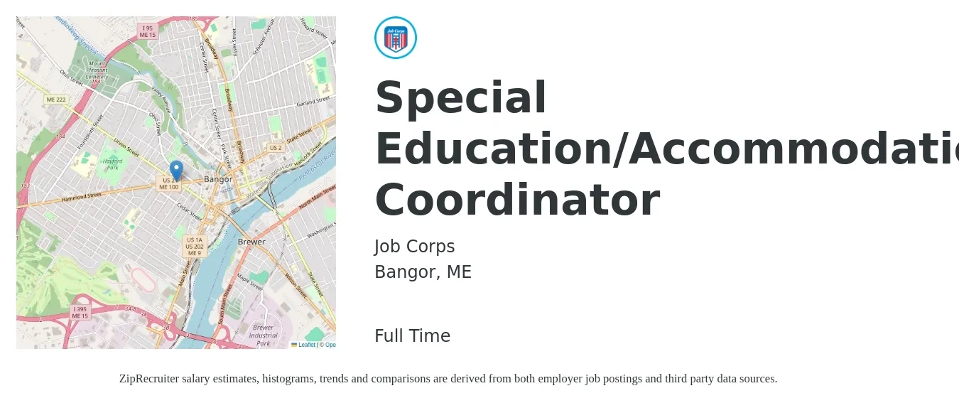 Job Corps job posting for a Special Education/Accommodations Coordinator in Bangor, ME with a salary of $50,800 to $85,400 Yearly with a map of Bangor location.