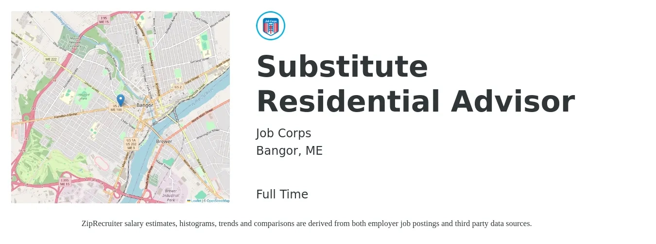 Job Corps job posting for a Substitute Residential Advisor in Bangor, ME with a salary of $16 to $19 Hourly with a map of Bangor location.