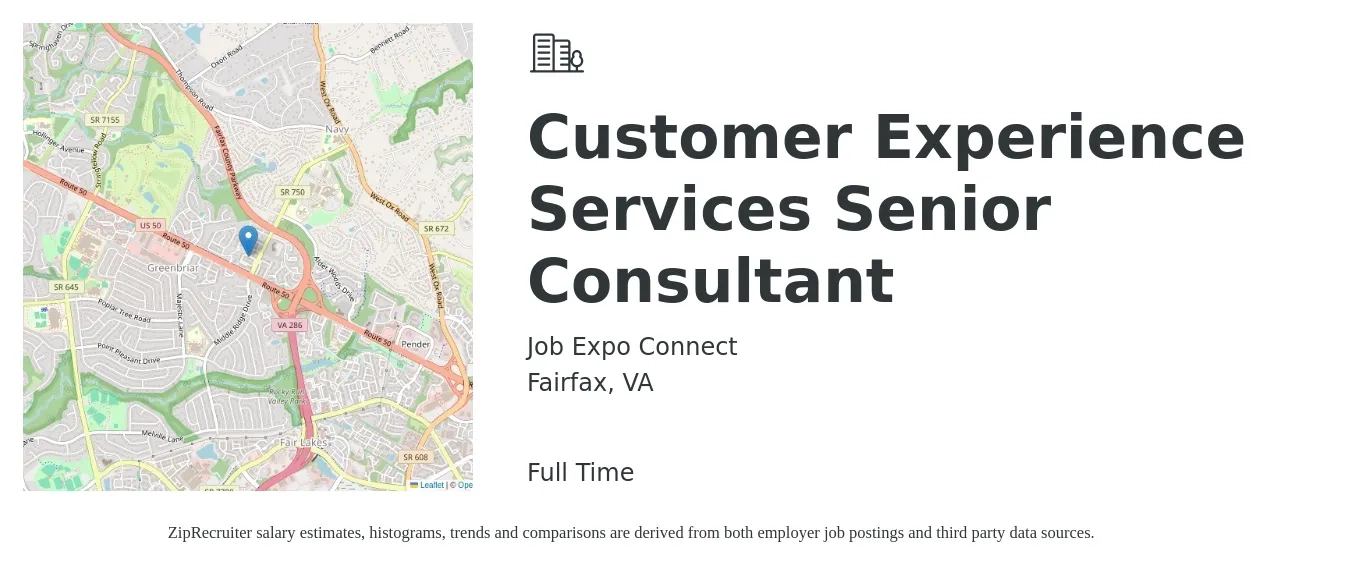 Job Expo Connect job posting for a Customer Experience Services Senior Consultant in Fairfax, VA with a salary of $89,600 to $141,300 Yearly with a map of Fairfax location.