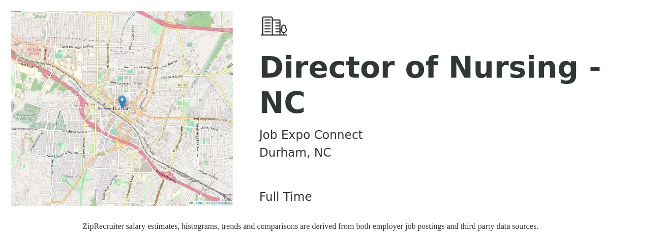 Job Expo Connect job posting for a Director of Nursing - NC in Durham, NC with a salary of $80,200 to $121,300 Yearly with a map of Durham location.