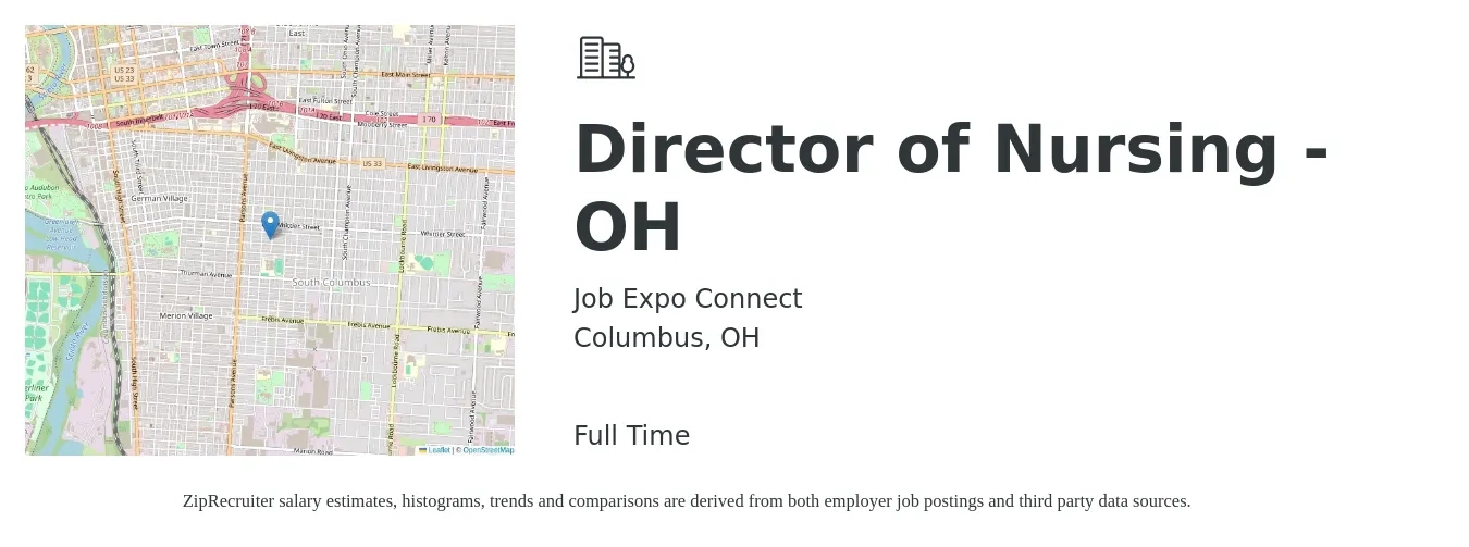 Job Expo Connect job posting for a Director of Nursing - OH in Columbus, OH with a salary of $80,200 to $121,200 Yearly with a map of Columbus location.