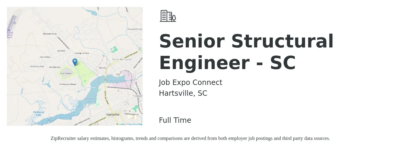 Job Expo Connect job posting for a Senior Structural Engineer - SC in Hartsville, SC with a salary of $86,300 to $117,300 Yearly with a map of Hartsville location.
