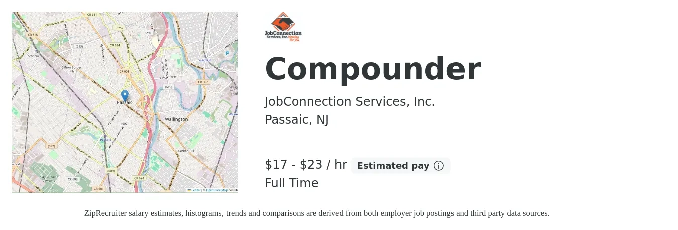 JobConnection Services, Inc. job posting for a Compounder in Passaic, NJ with a salary of $18 to $24 Hourly with a map of Passaic location.