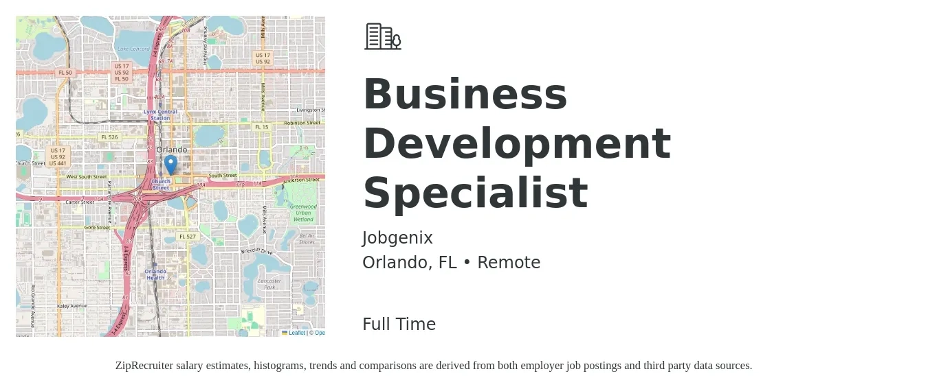 Jobgenix job posting for a Business Development Specialist in Orlando, FL with a salary of $43,900 to $73,300 Yearly with a map of Orlando location.