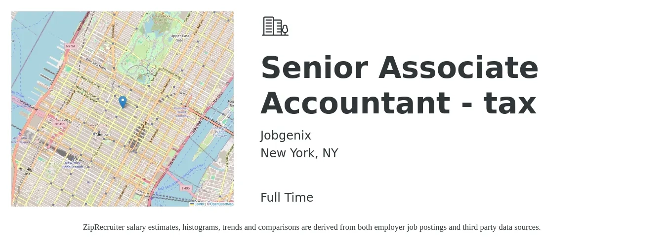 Jobgenix job posting for a Senior Associate Accountant - tax in New York, NY with a salary of $89,200 to $110,500 Yearly with a map of New York location.