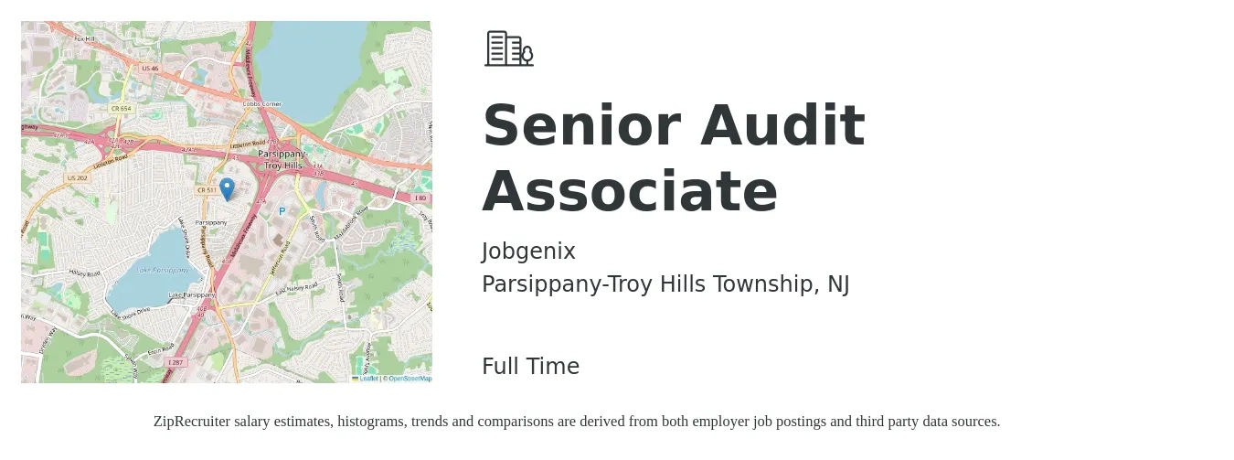Jobgenix job posting for a Senior Audit Associate in Parsippany-Troy Hills Township, NJ with a salary of $81,300 to $99,900 Yearly with a map of Parsippany-Troy Hills Township location.