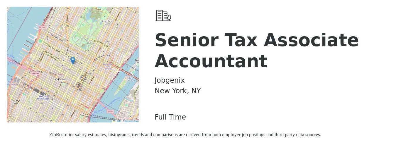 Jobgenix job posting for a Senior Tax Associate Accountant in New York, NY with a salary of $89,200 to $110,500 Yearly with a map of New York location.