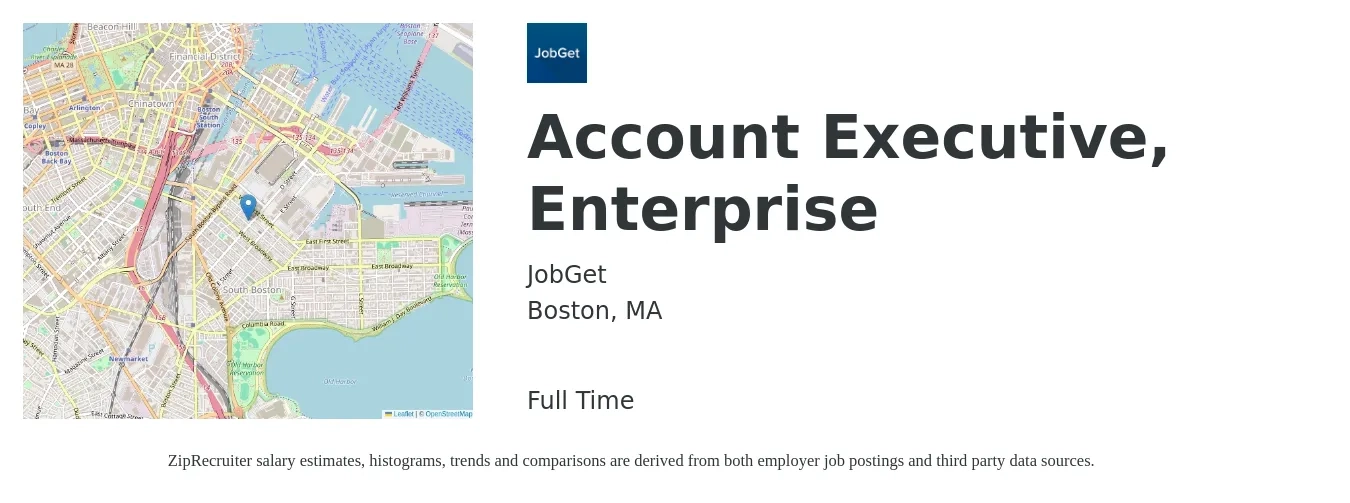JobGet job posting for a Account Executive, Enterprise in Boston, MA with a salary of $86,900 to $146,700 Yearly with a map of Boston location.